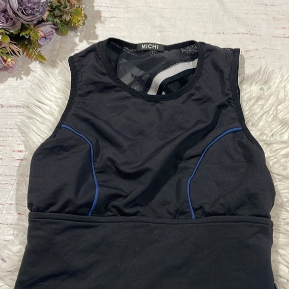 MICHI Crop Top Black Linear Pullover Mesh Panels Piping Bodice - Picture 5 of 11